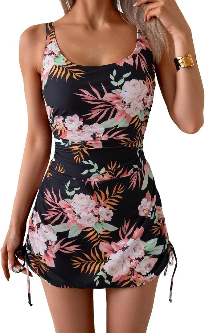 Eomenie Women's One Piece Swimdress Swimsuit with Drawstring Tummy Control Bathing Suits Push Up Swim Dresses with Bottom (L)