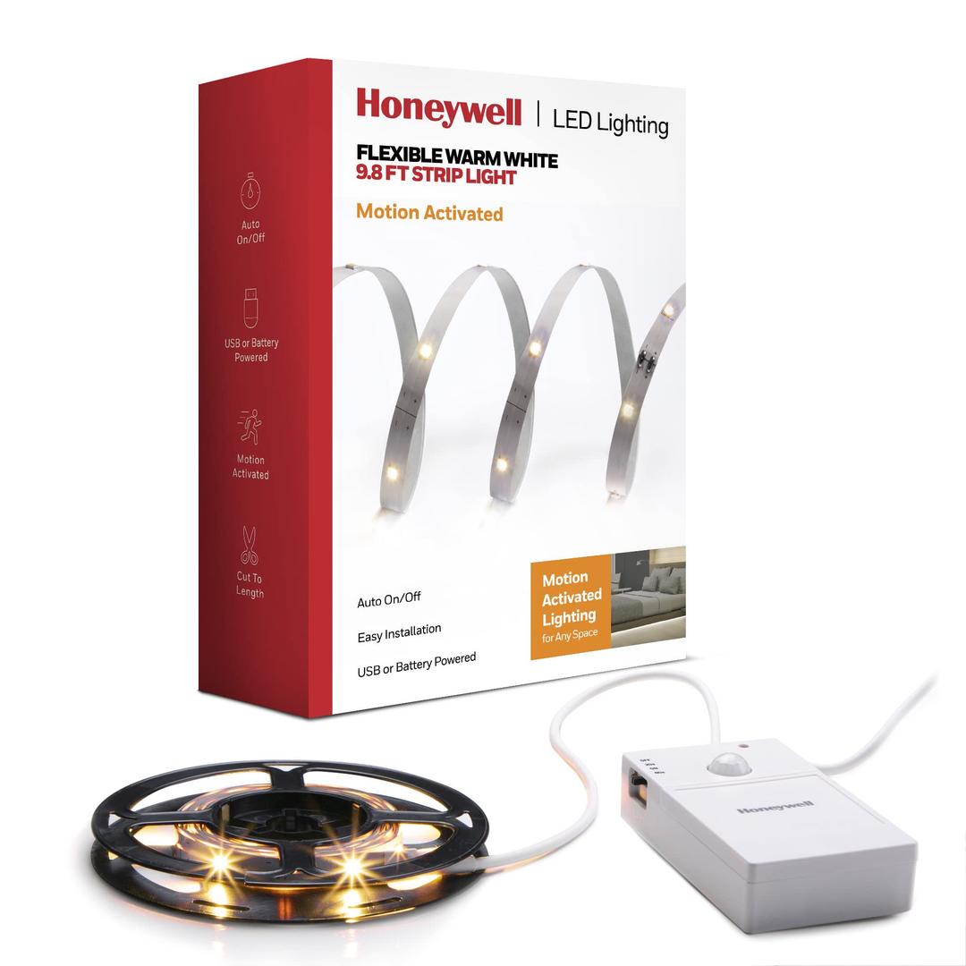 Honeywell 9.8ft Motion Activated Flexible LED Warm White Strip Light for Home Decor, Under Cabinet Lighting, with Power Adapter, USB Power Connector