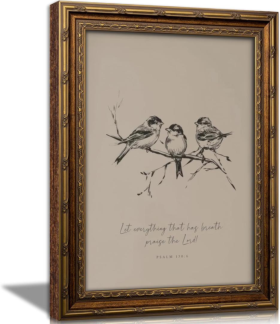 Vintage Gold Framed Christian Bird Wall art, Bible Verse Sketch Canvas Print, Cottagecore Scripture Picture Wall Decor, Psalm 150:6 Neutral Painting Poster Artwork for Living Room Bedroom, 24"L x 16"W