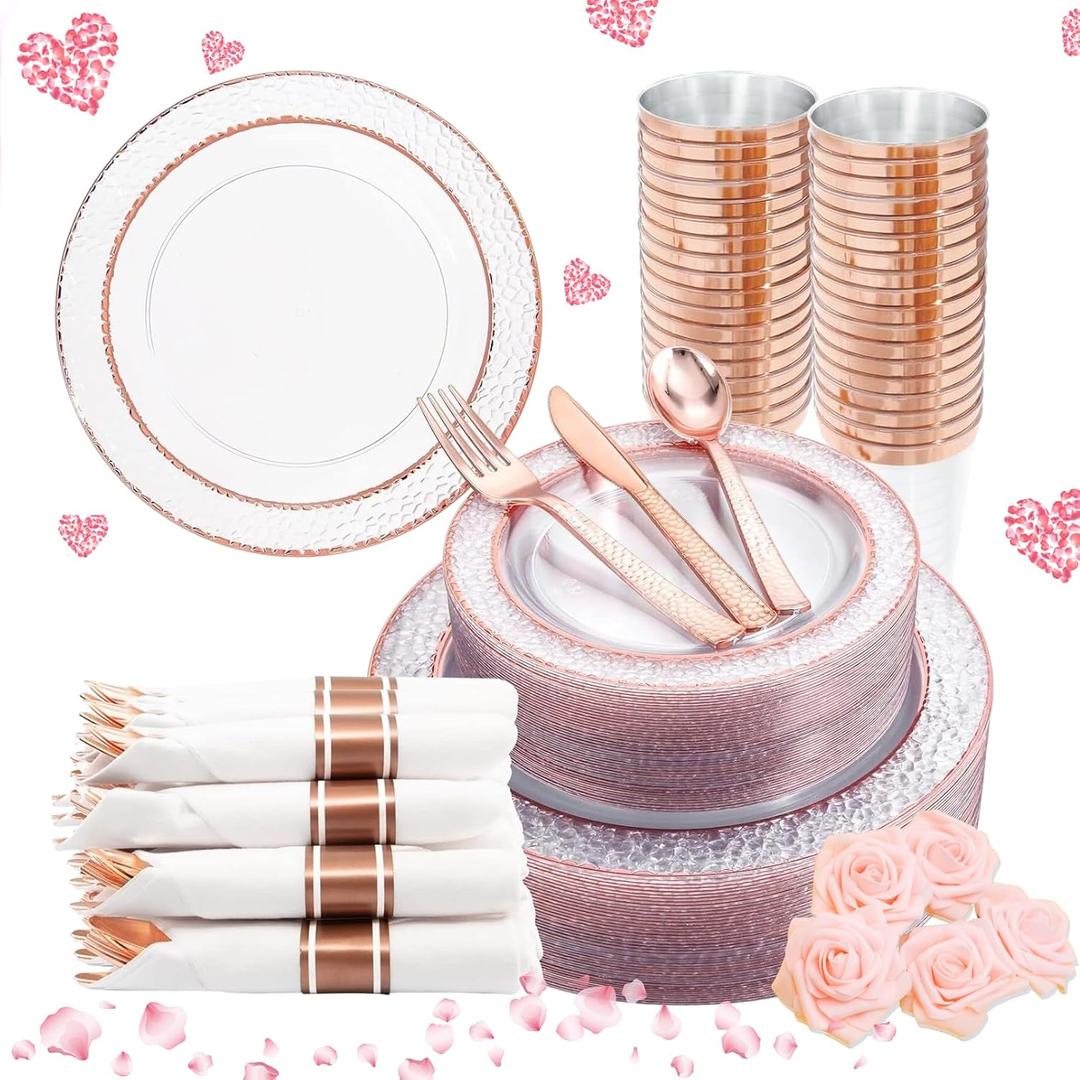 Liacere 350PCS Rose Gold Plastic Plates-Clear Rose Disposable Plates 50 Guests include 50 Dinner Plates,50 Salad Plates,50 Forks,50 Knives,50 Spoons,50 Cups,50 Napkins for Wedding & Mothers Day