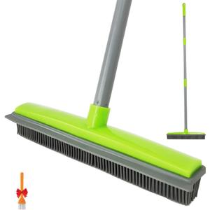 Push Broom Pet Hair Removal Broom with Squeegee,Soft Silicone Bristle Broom with Long Handle, Non Scratch Carpet Sweeper Brush for Cat/Dog Hair Hardwood Tile Windows(Green)