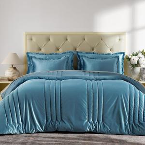 California King Blue Velvet Comforters: 3 Pieces Luxury Soft Bedding Comforter Set for All Seasons - Grayish Stone Blue Striped Boho Rustic Lightweight Men Women Oversized King Comforters with 2 Shams
