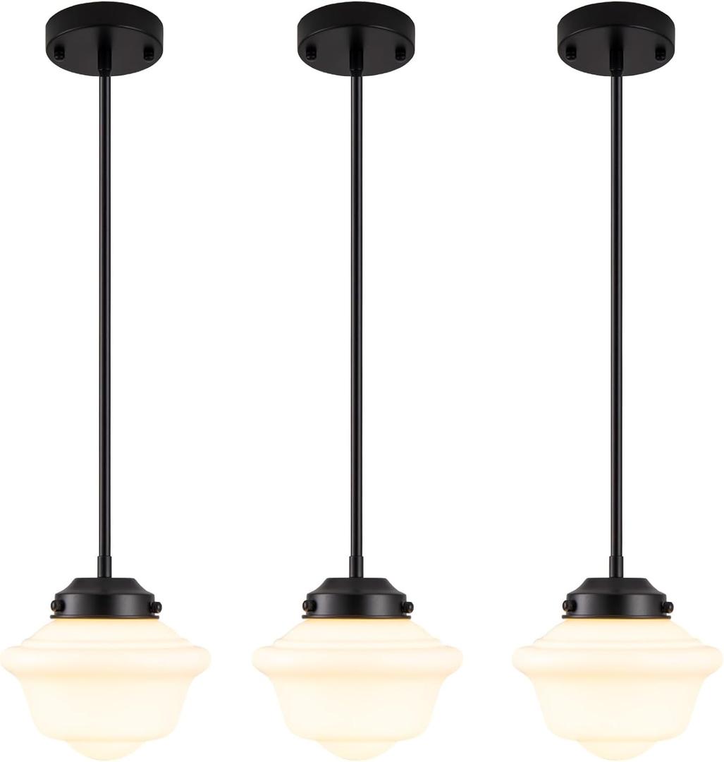 Set of 3 Schoolhouse Pendant Light, 8" Farmhouse Black Pendant Light Ceiling, Milk Glass Lamp, Modern Black Kitchen Over Island for Dinning Room Living Room