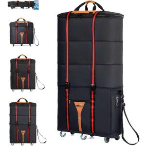 Expandable Foldable Travel Bag with Wheels Collapsible Rolling Luggage Bag Large Capacity Suitcase Duffel Bag for Men Women, Black
