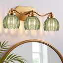 VbiTmn Gold Bathroom Light Fixtures, 3 Light Vintage Vanity Lights, Antique Brass Brushed Gold Finish, Crystal Green Glass Shade, Mid Century Wall Sconces for Bedroom, Living Room, Hallway