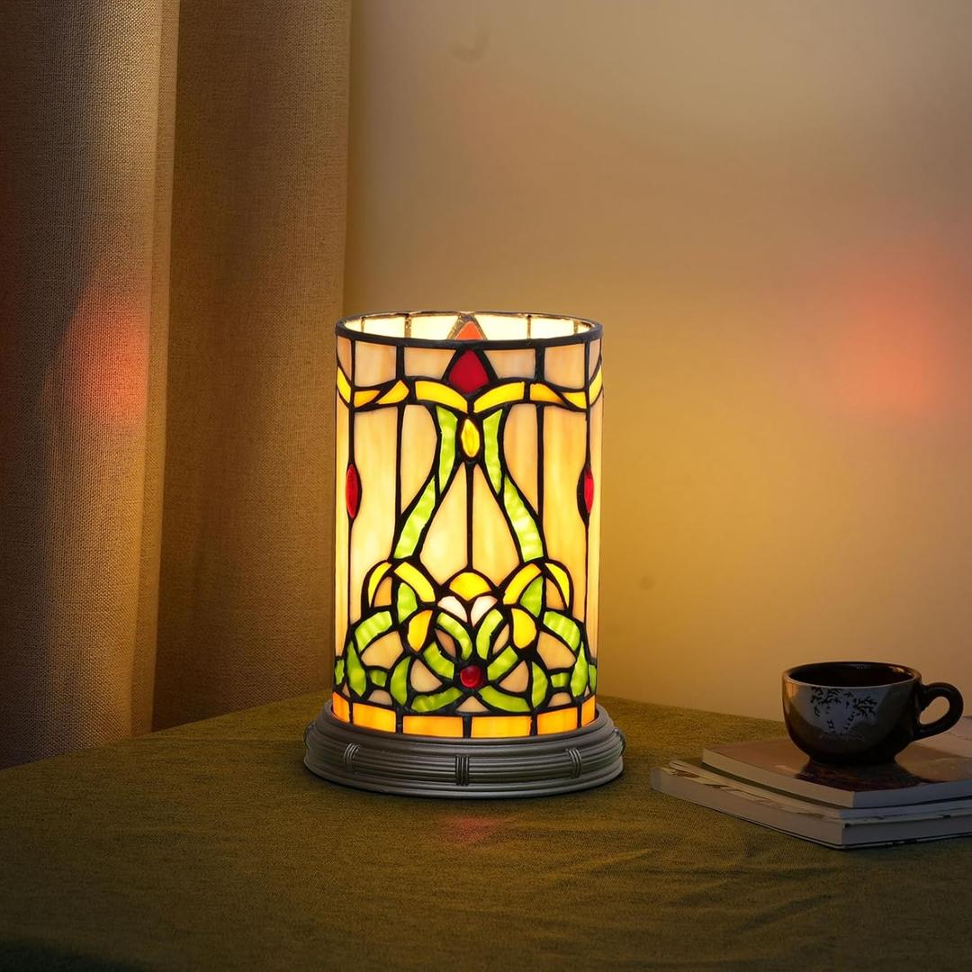 Tiffany Style Stained Glass Matam Table Lamp Living Room Bedroom Bedside Flower Vase Decor Small Night Light Cute Kids Accent E12 Led Cottage Aesthetic Nightstand Cylinder Vintage Desk Lamp