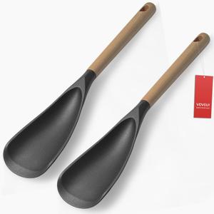 Cooking Spoon Set for Nonstick Cookingwares with Lengthed Wooden Handle, VOVOLY Silicone Spatula Spoon for Mixing, Scoop, and Scrape, Black, 13.4'', 2-Pack (13.4'' Black 2-Pack)