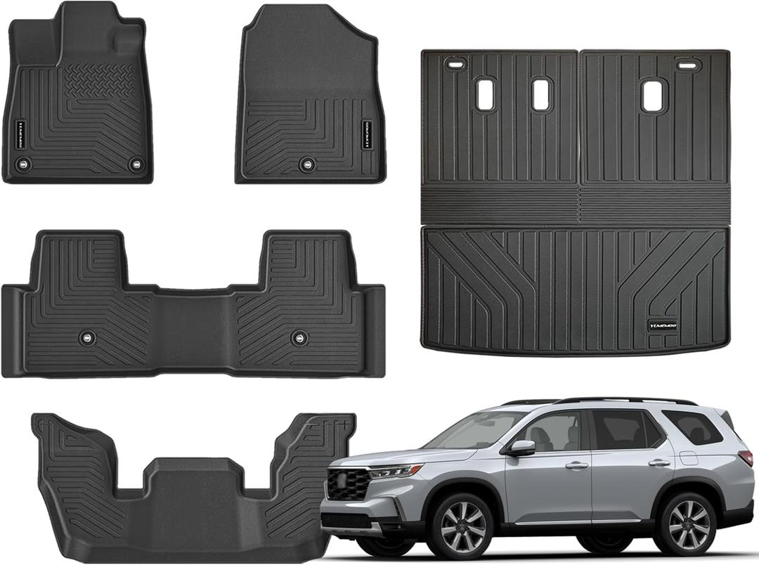 Floor Mats for 2023 2024 2025 Honda Pilot Upgrade Trunk Mat with Backrest Mat All Weather Floor Liners TPE Rubber Cargo Liner Fit for 2025 Honda Pilot Anti-Slip Full Set Automobile Mats Accessories