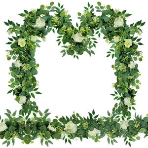 2 Pcs 5.9 Ft Artificial Eucalyptus Garland with Willow Leaves and Flowers Artificial Greenery Vines Fake Eucalyptus Flower Garland for Wedding Decoration Table Home Stairs Decor (2, White)