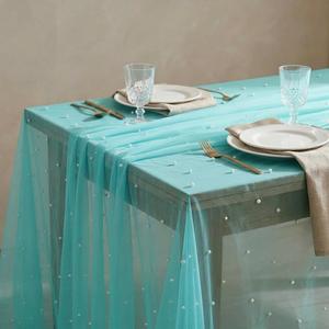 Horaldaily White Pearl Turquoise Gauze Tablecloth, 60×84 Inch Rectangular, Spring Summer Tulle Lace Cheesecloth, Bridal Shower Table Cover for Wedding Birthday Table Decor