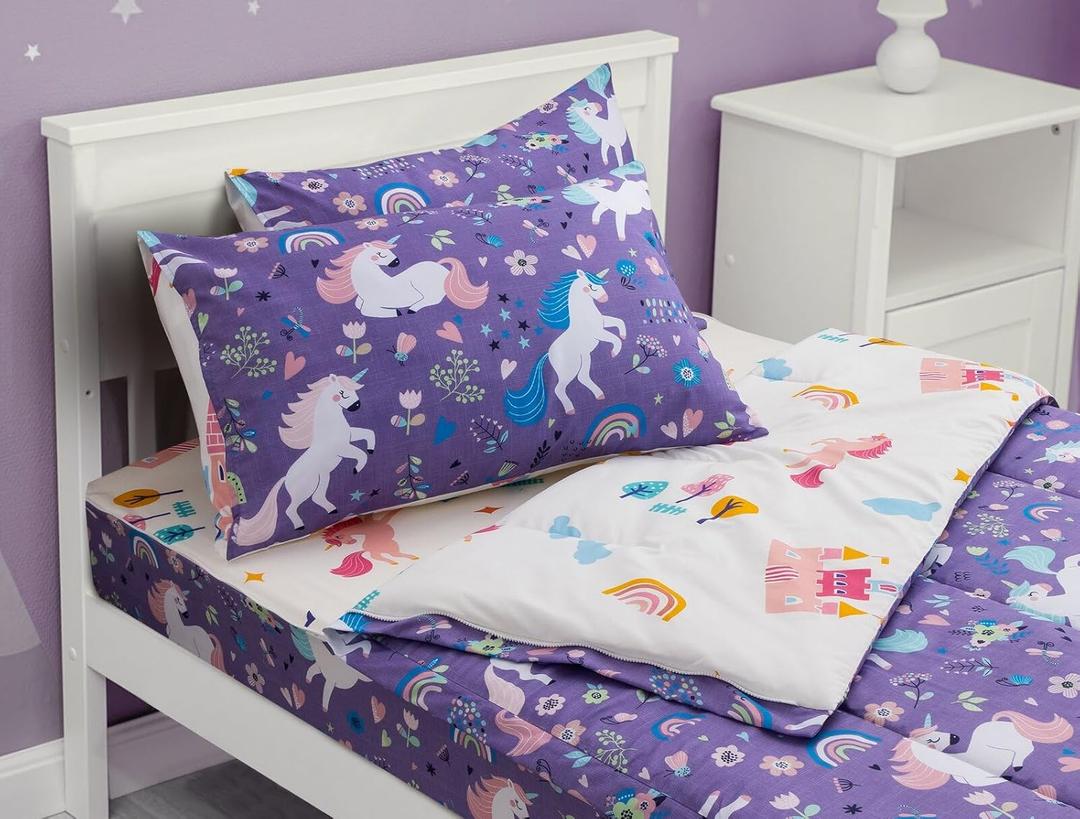 Meeting Story 3pcs Kids Comforter Sets Zipper Bedding Set for Girls,Twin Kid Bedding Set Rainbow Comforter Unicorn Bedding for Kid,All in one Zipper Bedding (Purple,Twin)