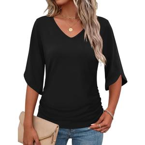 Micoson Womens 3/4 Sleeve Tops Dressy Casual Ruched Blouses Summer Tops V Neck Work Clothes, XXL
