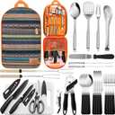 Portable Camping Kitchen Utensil Set-27 Piece Cookware Kit, Stainless Steel Outdoor Cooking and Grilling Utensil Organizer Travel Set Perfect for Travel, Picnics, RVs, Camping, BBQs, Parties and More (Orange)