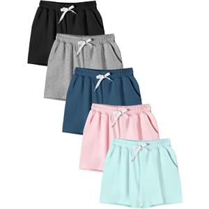 5 Pack Girls Cotton Athletic Shorts with Pockets and Elastic Drawstring Waist Summer Wear for Girls 4-14 Years