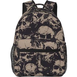 Retro Skull Lightweight Travel Backpack With Zipped Front Pocket Printed Laptop Bag Fashion Casual Daypack For Work, Hiking, Camping Unisex