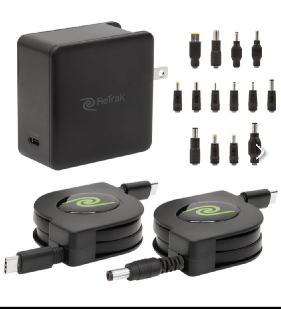 ReTrak 67W Retractable Universal Laptop Charger + 14 Tips USB C