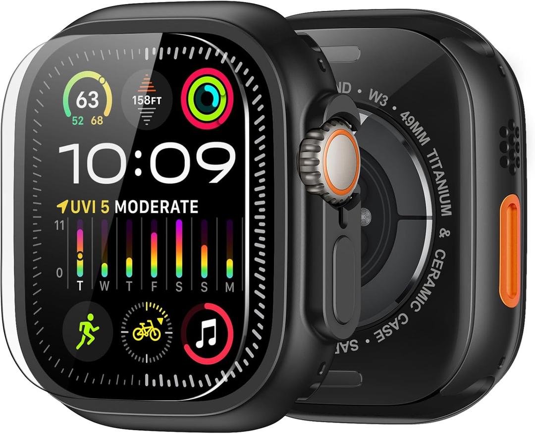 amBand Metal Case Screen Protector Cover for Apple Watch Ultra 2/Ultra 49mm, W3 Rugged Bumper Thin Frame + 9H Tempered Glass Film + Ceramic-Like Back Cover, [Stylish] [Waterproof], Matte Black