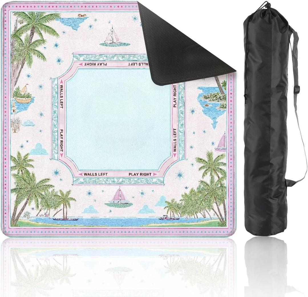 Mahjong Mat 31.5" x 31.5" Tropical Palm Trees Sailing Boat Pink Blue Pastel Design Non-Slip Noise Reduction Mahjong Tiles Table Cover for Dominoes Poker Card Board and Tile Games