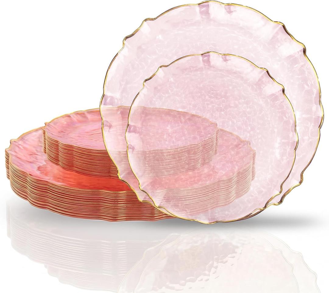 Bucla 40PCS Clear Pink and Gold Plastic Plates - Fancy Pink Hammered with Gold Lace-Edge Disposable Plates - Include 20 Each (10inch Dinner & 7inch Dessert) Plates for Party, Birthday & Wedding