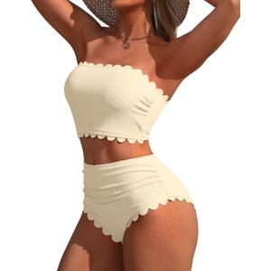 Charmo Strapless High Waisted Bikini Sets for Women Tummy Control Scallop Ribbed Bandeau Swimsuit Lace up Bathing Suits (Small, Beige)