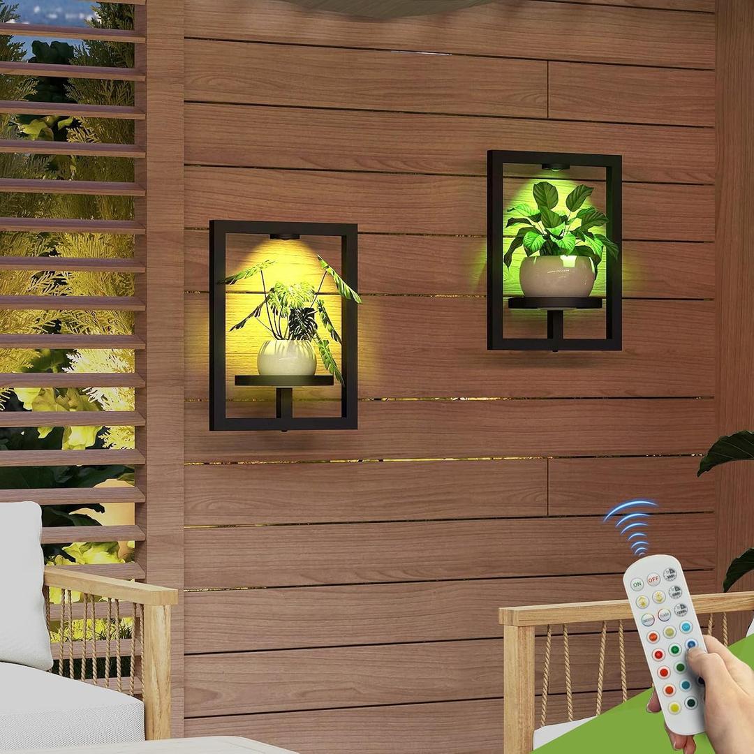 BAOYOUNI 2 Pack Metal Picture Frame Wall Plant Holder with 15 Color Lights, Window Plant Shelf, Modern Floating Plant Stand for Indoor Outdoor Patio Balcony Garden Living Room Bedroom