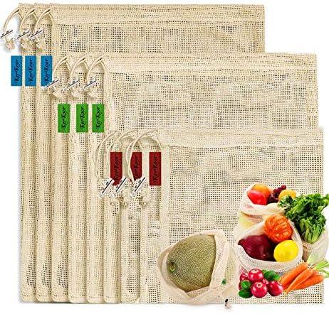 KerKoor Reusable-Cotton-Mesh-Produce-shopping-Bags-Washable Eco Friendly Premium See Through Lightweight Net zero Bulk Bags for Veggie Fruit Vegetable Grocery Storage (9 Packs)