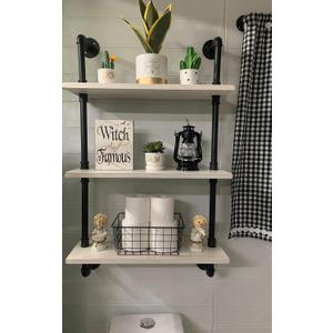 HDDFER White Floating Shelves 24 inch Pipe Wall Shelves Bathroom Shelves Over Toilet with Wood Planks Industrial Pipe Floating Shelves Farmhouse Bathroom Pipe Shelves Wall Mounted, 3Tier24in