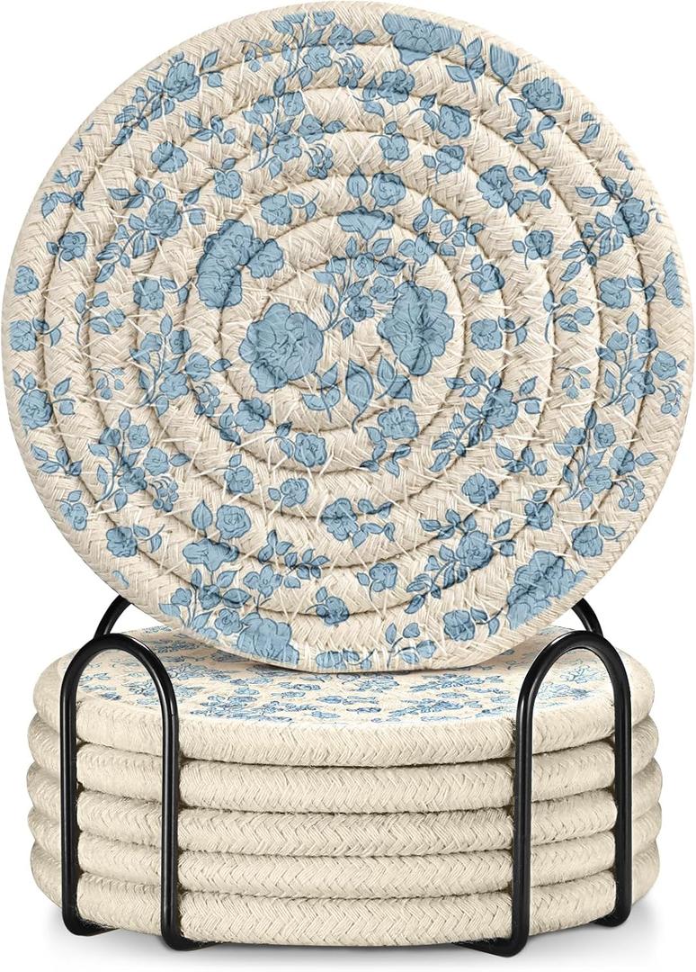 Drink Coasters Set of 6 - Cup Absorbent Coasters for Drinks Coffee Table Home Office Desk Decor Soft Woven Cotton Cloth Braided Fabric Drinking Cup Mat with Holder Cute Blue Flower Floral