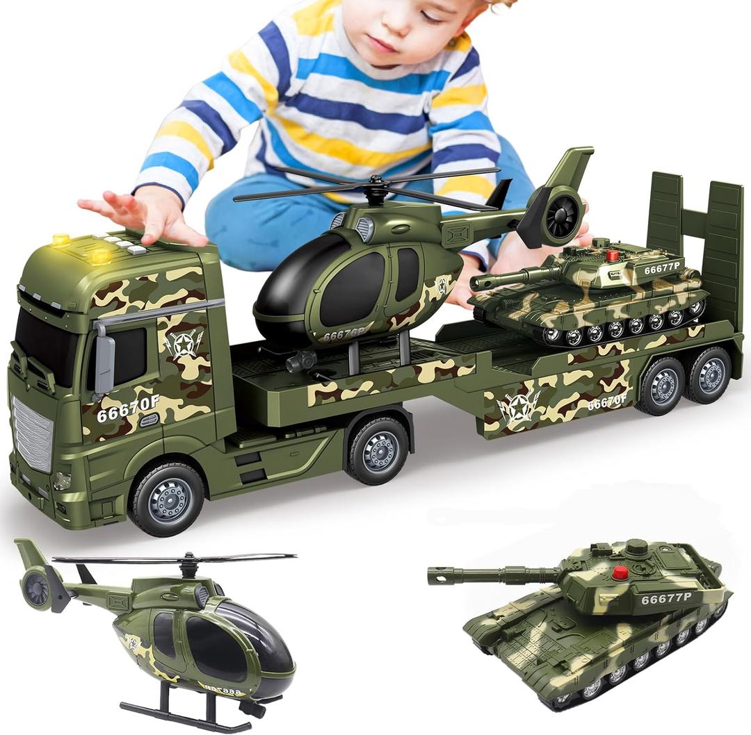 Big Green Military Truck Toy - 25.6 Large Semi Truck Toy with Helicopter and Tank - Army Toys with Sounds & Light, Friction Powered Cars Toys Birthday Gift for Kids Boys Girls 3 4 5 6 7 8