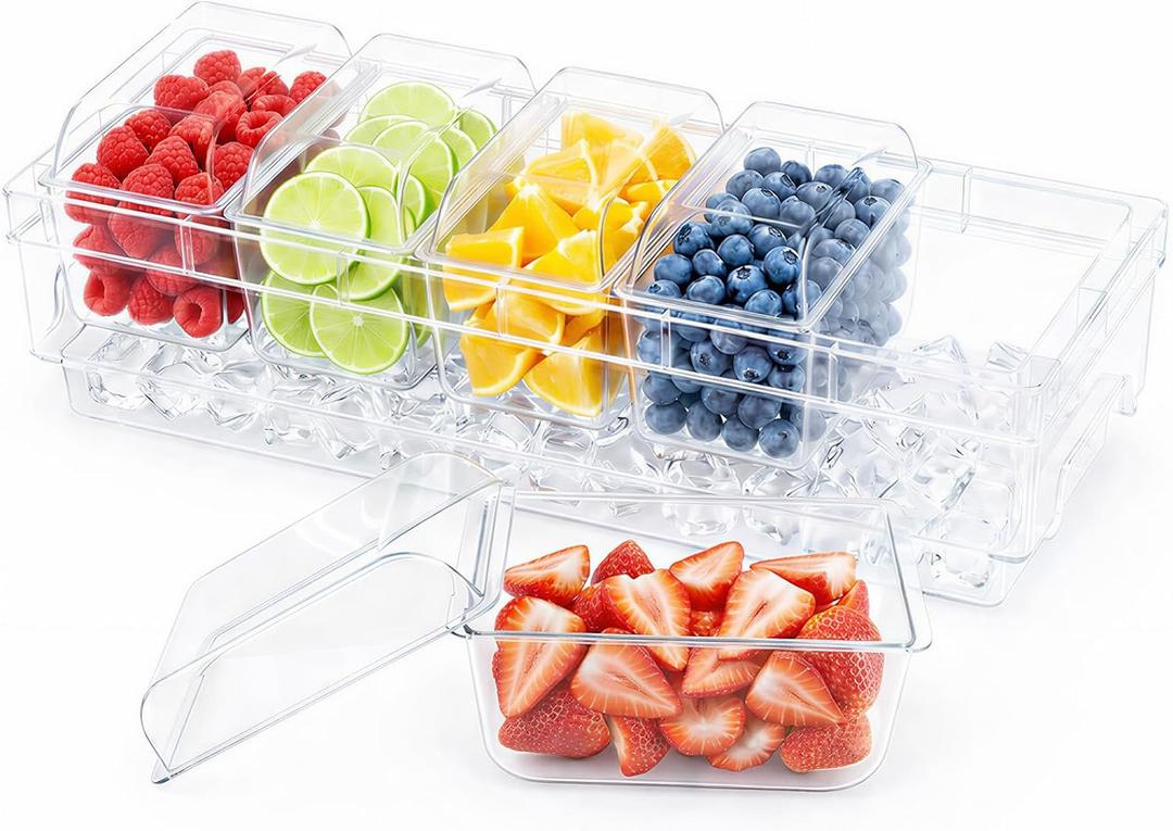 Lifewit Chilled Condiment Containers with Lids, Plastic Taco Bar Serving Set for Party with 5 Containers, Ice Garnish Tray for Mimosa Bar Supplies, Clear Serving Platter for Fruit, Salad, Snack