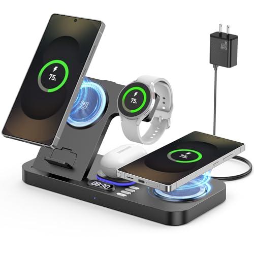 YiJYi Magnetic Wireless Charger for Samsung, 6 in 1 for Samsung Charging Station,30W Dual Phone with Auto-Switch 7-Color Light & Clock,for Samsung S26,for Galaxy Buds for Samsung Galaxy Watch