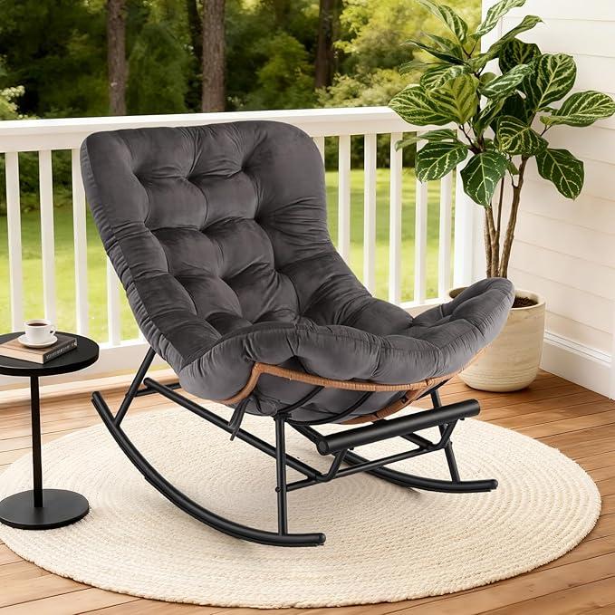 GarveeLife Rocking Chair, Papasan Chair with Detachable Polyester Cushion & Extendable Footrest, Comfy Rattan Rocking Chair for Porch Lawn Bedroom Living Room (Dark Grey)
