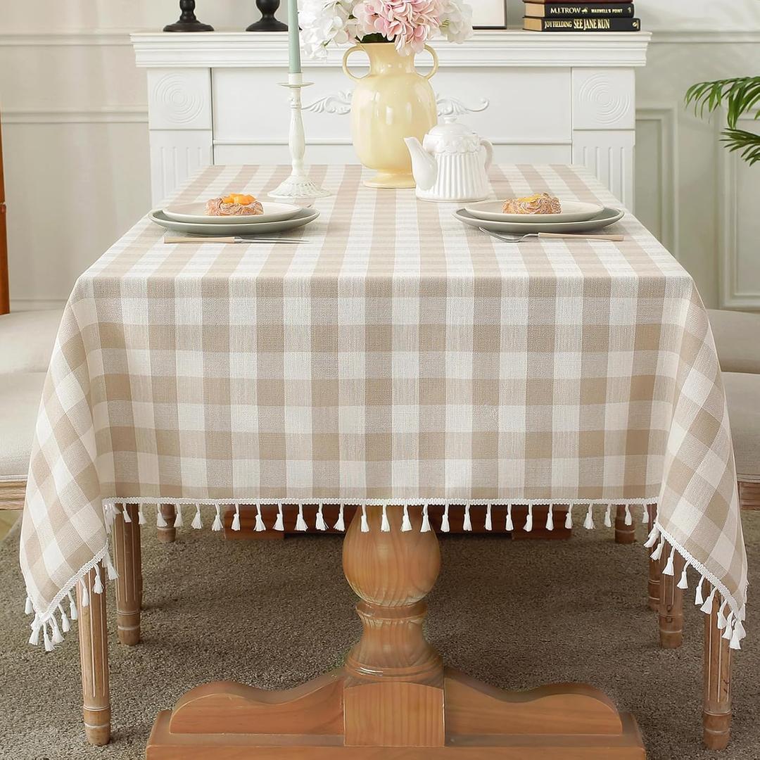 Laolitou Checkered Tablecloth Rectangle Washable Buffalo Plaid Table Cloth with Tassel Cotton Linen Gingham Table Cover for Picnic Kitchen Dining Room, Beige, 70 Inch (70" x 55" (Rectangular))