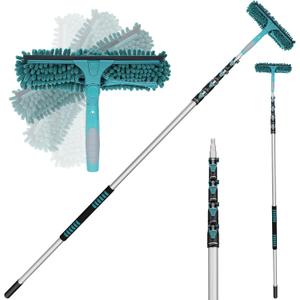 TelesPro 30 Feet High Reach Window Squeegee with 6-24 Ft Extension Pole, Window Cleaner Tool with 5-Stage Telescoping Pole, Window Cleaning Kit with Rotatable Head (2 Squeegee & 2 Microfibre Cloths)