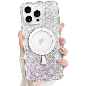 Bonoma for iPhone 14 Pro Max Case Sparkly Glitter Bling Back, Magnetic Support for MagSafe Shockproof, Crystal and Clear High-Duty Protection for Girls Women-Sparkly Glitter