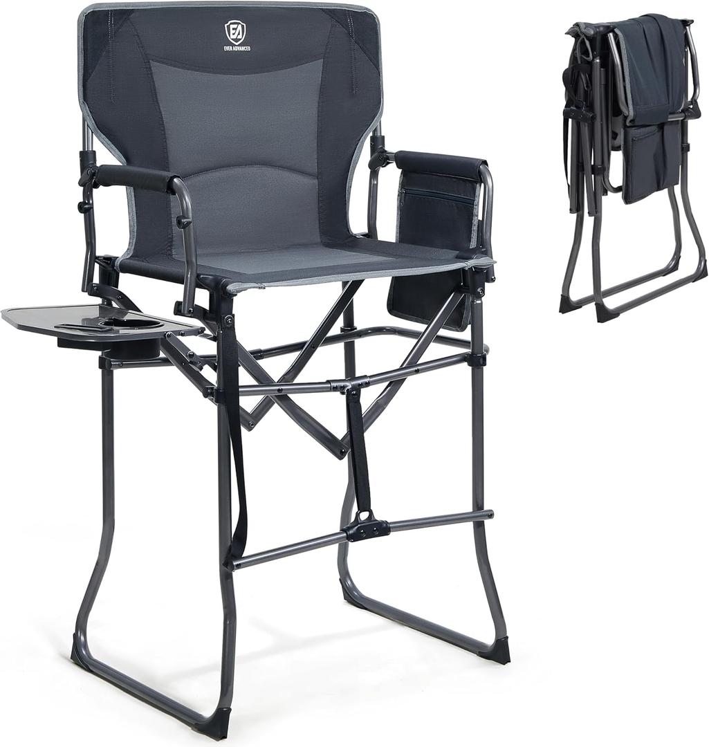 EVER ADVANCED Portable 30.7" Seat Height Tall Folding Camping Chair Directors Chair High Foldable Bar Stool with Side Table for Makeup Artist, Sports Event, Craft Show, Supports 350LBS (Grey)