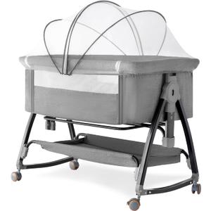 Bedside Crib, 3 in 1 Bassinet with Quick Height Adjustment and Mosquito Nets Rocking Bassinet for Baby, Bedside Bassinet with Wheels, Easy to Fold, Golden Triangle Structure（Dark Grey）