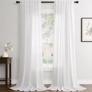 White Linen Curtains 90 inch Length for Bedroom Loop Pocket Privacy Light Filtering Semi Sheer Boho Farmhouse Off White Curtain 90 inch Long Cotton Textured Modern Elegant Living Room Drapes