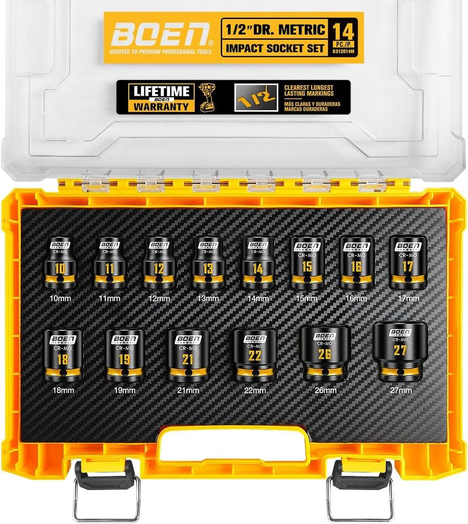 BOEN Pro 1/2" Drive Shallow Impact Socket Set, 14-Piece 6-Point Metric (10-19mm, 21, 22, 26, 27mm) Standard Socket Kit with Deep Embossed and Painted Marking, CR-MO, Includes Rugged PP Case