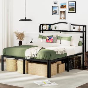 Full Size Bed Frame with Headboard 18 Inch Tall Bed Frames with Storage & Charging Station Black Basic Bed Base Mattress Foundation,No Box Spring Needed,Heavy Duty Metal (18 Inch, Full)