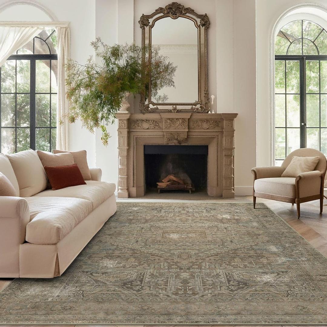 vivorug 5x7 Area Rugs - Ultra-Thin Washable Rug with Non-Slip Backing, Ideal for Living Room, Bedroom, Kitchen Floor Carpet - Vintage, Easy Clean, Durable, Olive