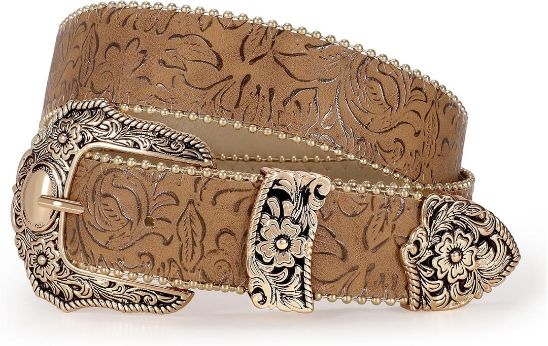 Floral Print Western Belts for Women Cowgirl Cowboy Country Leather Belt Fashion Vintage Belt for Jeans Size: Fit Waist Size 33"-39"