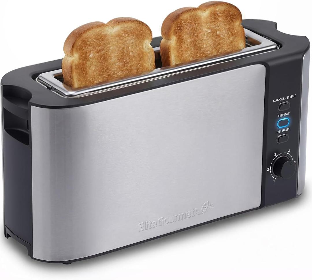 Elite Gourmet ECT3200 2-Slice, 1 Long Slot, Slim Toaster, Reheat, 6 Toast Settings, Defrost, Cancel Functions, Built-in Warming Rack, Extra Wide Slots for Bagels Waffles, Stainless Steel & Black