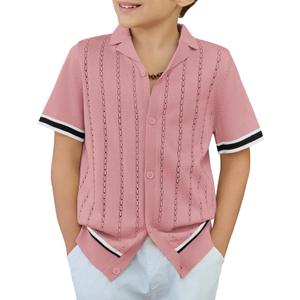 Arshiner Boys Knit Shirts Short Sleeve Button Down Shirt Vintage Fashion Casual Summer Beach Shirts for Kids 4-13 Years (Pink, XS)