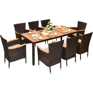 DORTALA 9-Piece Patio Dining Set, Acacia Wood & Rattan Furniture Set with 8 Cushioned Stackable Armrest Chairs and Table, Outdoor Table & Chair Set for Backyard, Garden, Poolside (Brown)