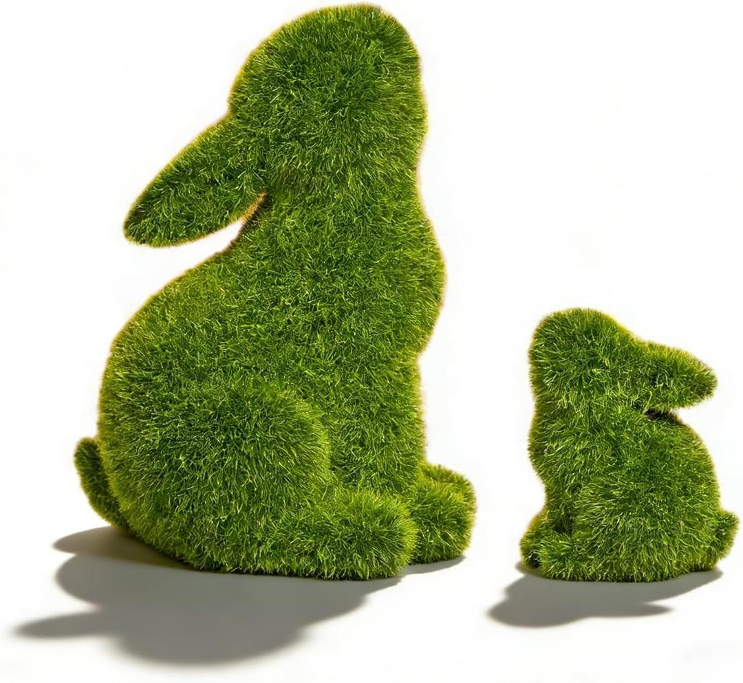 2pcs Easter Rabbit Resin Statues, one Large and one Small, Gazing lovingly at Each Other; Outdoor Patio Sculptures, Unique Easter Spring Home Decor Gifts (Green)