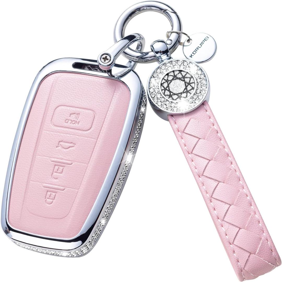 Compatible with Toyota Key Fob Cover with Keychain, Pink Genuine Leather Crystal Key Case Protection Shell for 2018-2022 Camry RAV4 Highlander C-HR Prius Corolla Avalon GT86
