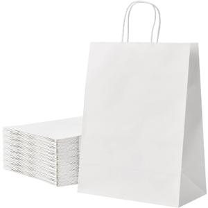 RACETOP 50 Pcs Kraft Shopping Bags 10x5x13 In White Paper Bags with Handles Bulk, Recycled Paper Gift Bag for Christmas Birthday Party Favors Grocery Retail Shopping Business