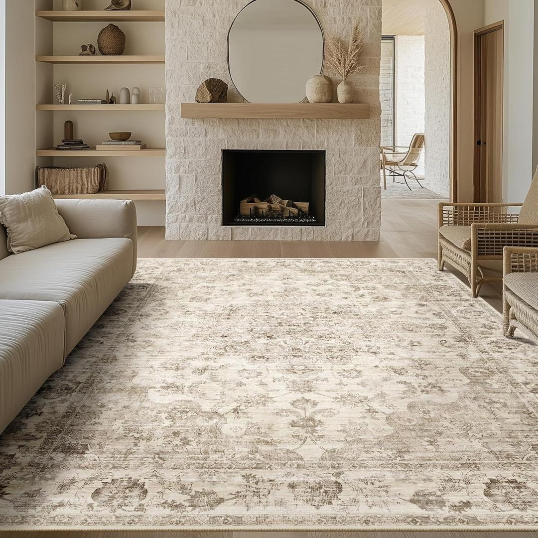 8x10 Washable Neutral Area Rug Beige Floral Living Room Bedroom Large Carpet Non-Slip Low Pile Vintage Soft Thin Throw Rug for Dining Room Office Kitchen Indoor Nursery (8' x 10' (Rectangular))