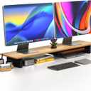 COREMINDED Solid Wood Dual Monitor Stand Riser 43" Oak Desk Shelf for 2 Monitors with Tray & Wool Felt, Organizer for Desktop, Laptop and Office (Solid Oak)